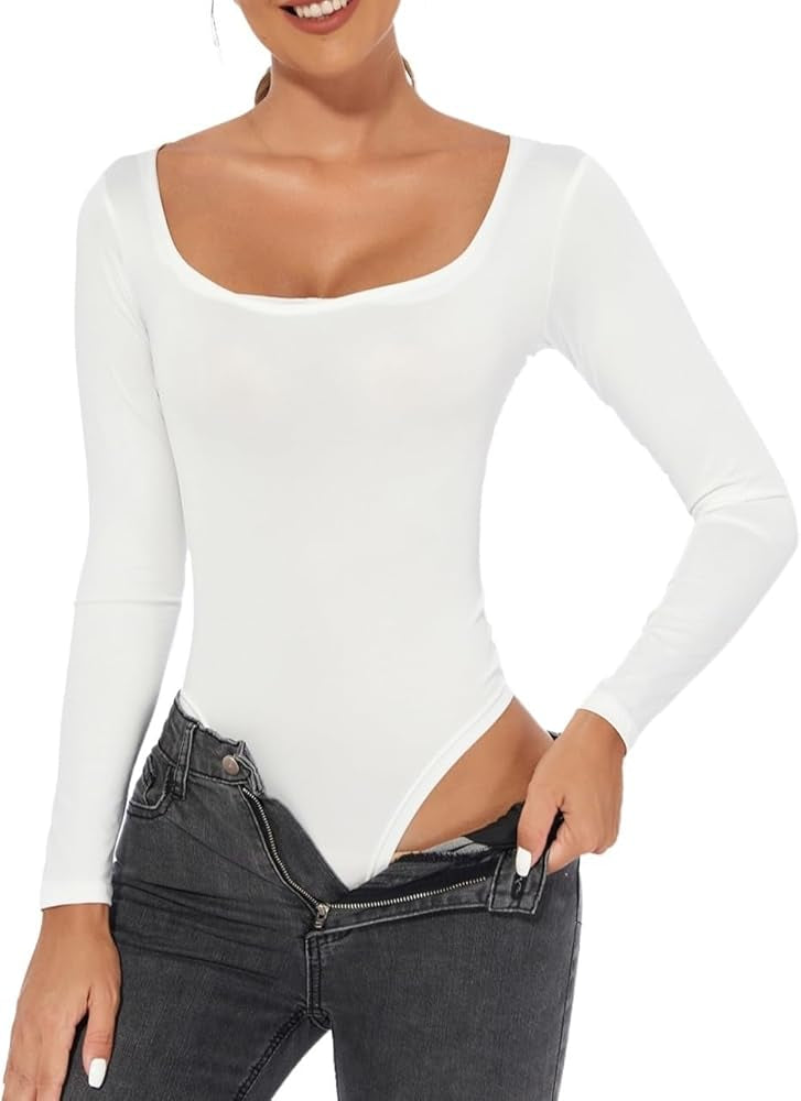 Body básico de manga larga para mujer, ropa de calle ajustada, cuello cuadrado - Automaticprime