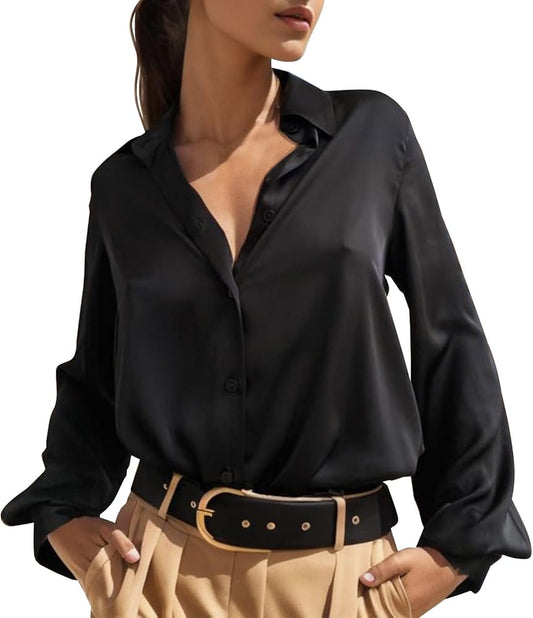 Camisas y blusas elegantes con acabado satinado y botones de manga larga para mujer - Automaticprime