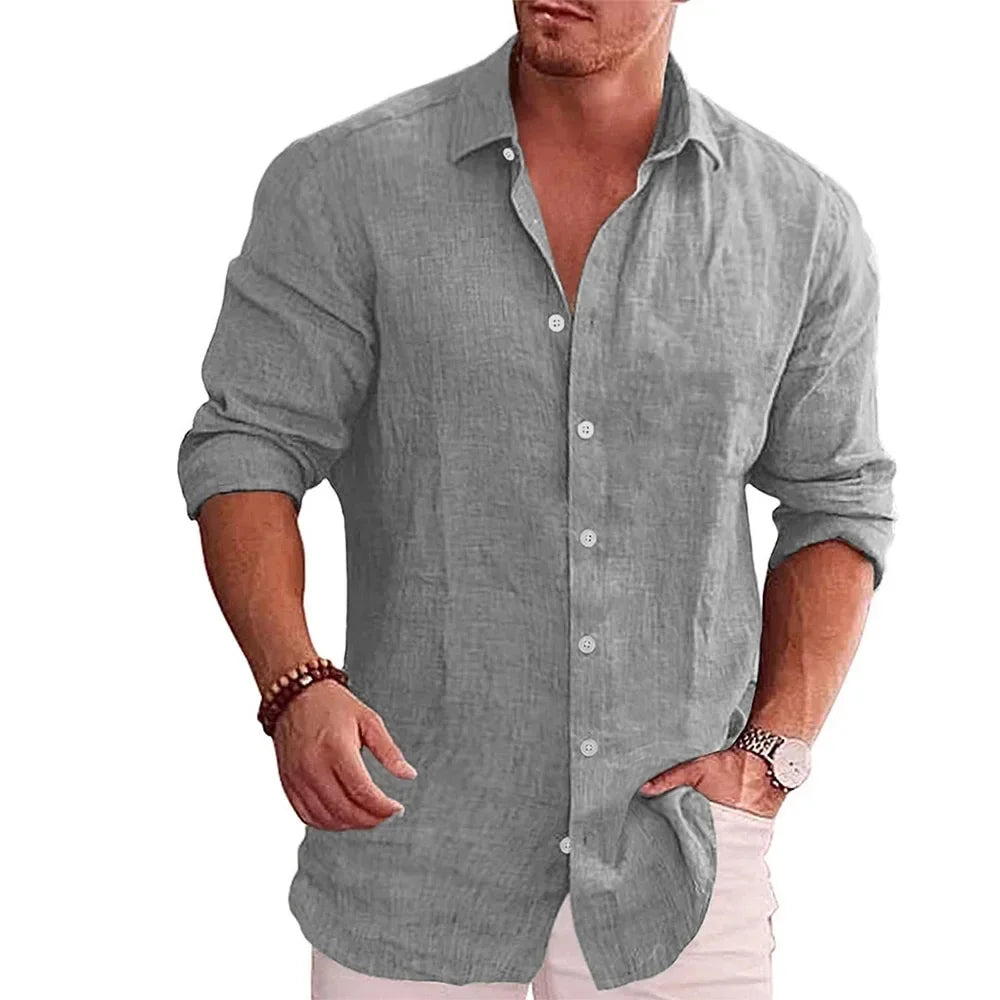 Camisa de manga larga de lino de algodón para hombre Estilo casual de color sólido - Automaticprime