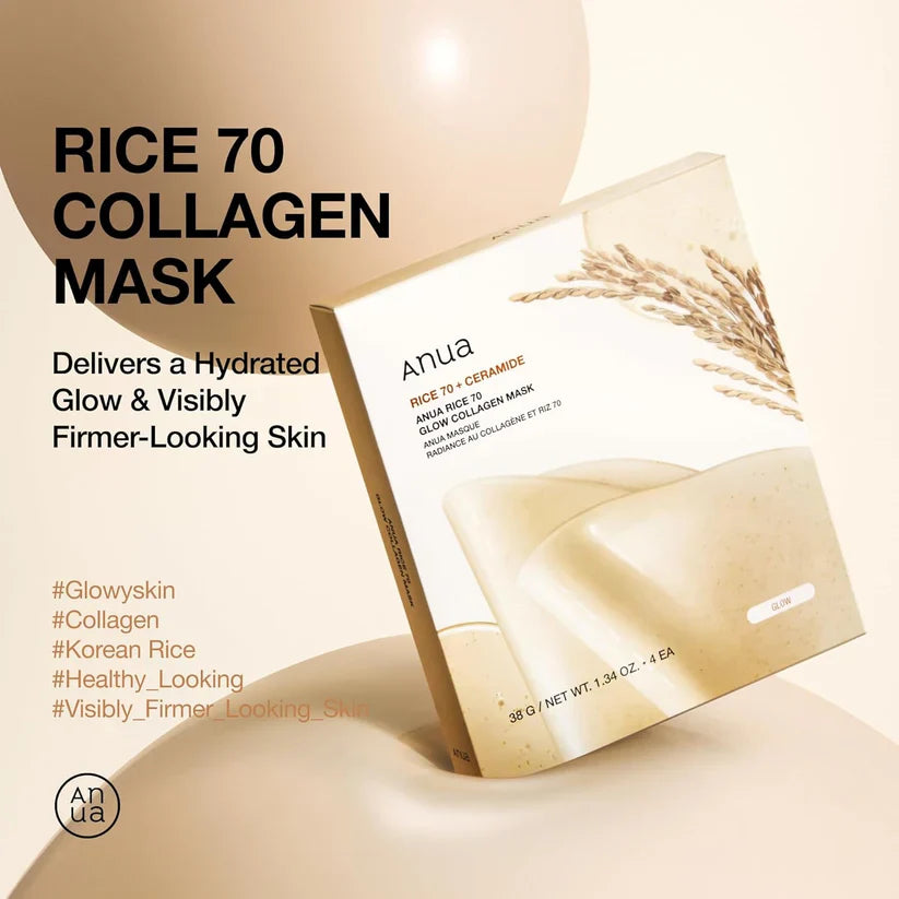 Anua Rice 70 Glow Collagen Mask – Radiant Clarity from Pure Rice Essence | 38 g × 4pcs