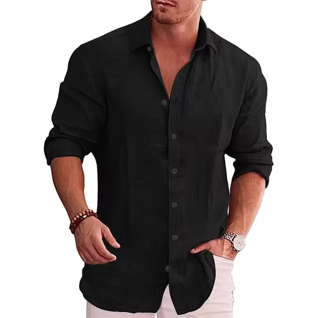 Camisa de manga larga de lino de algodón para hombre Estilo casual de color sólido - Automaticprime