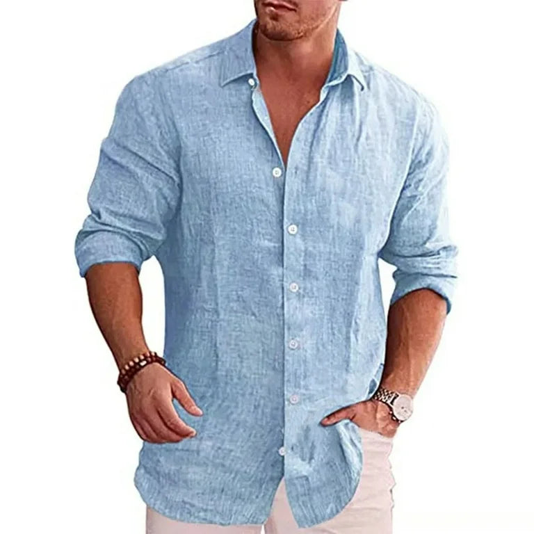 Camisa de manga larga de lino de algodón para hombre Estilo casual de color sólido - Automaticprime