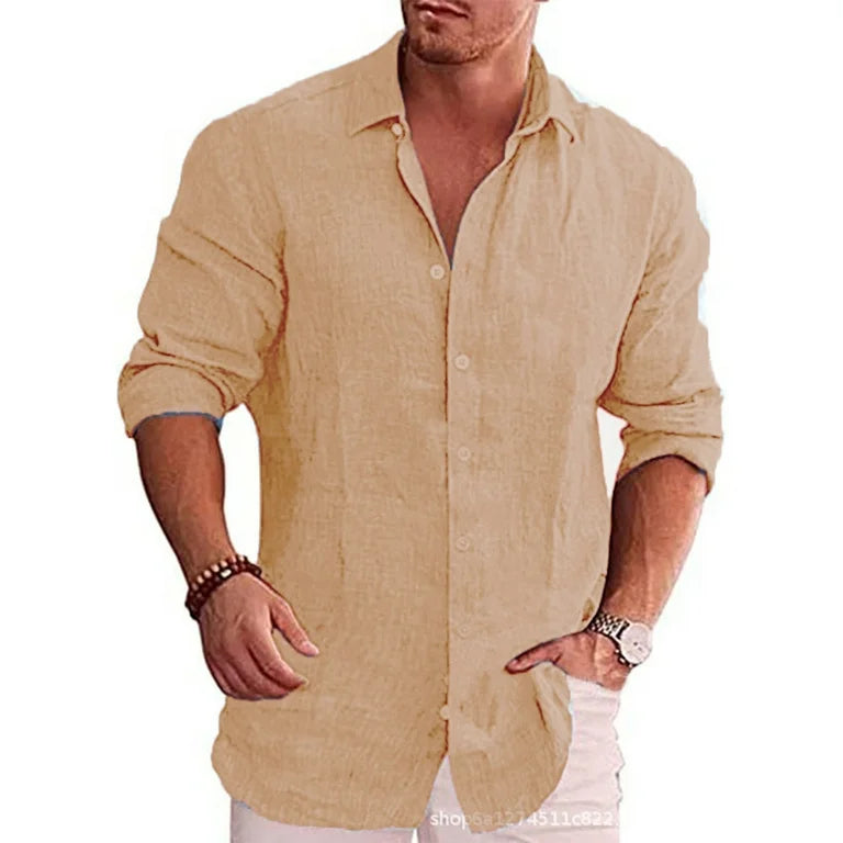Camisa de manga larga de lino de algodón para hombre Estilo casual de color sólido - Automaticprime