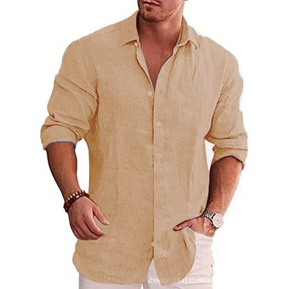 Camisa de manga larga de lino de algodón para hombre Estilo casual de color sólido - Automaticprime