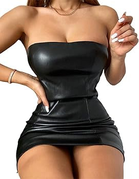 Mini vestido negro ajustado de cuero sin tirantes sexy para mujer - Automaticprime