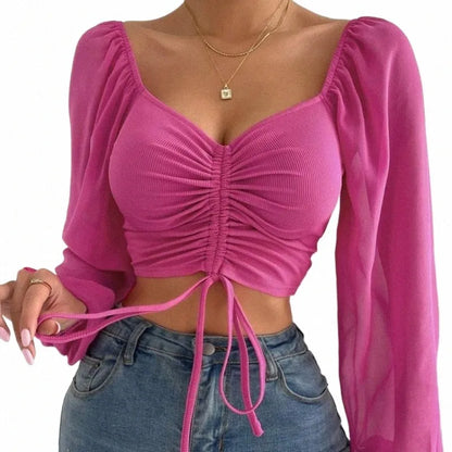 Camisa de mujer sexy de manga larga con mangas de malla y cordón envolvente - Automaticprime