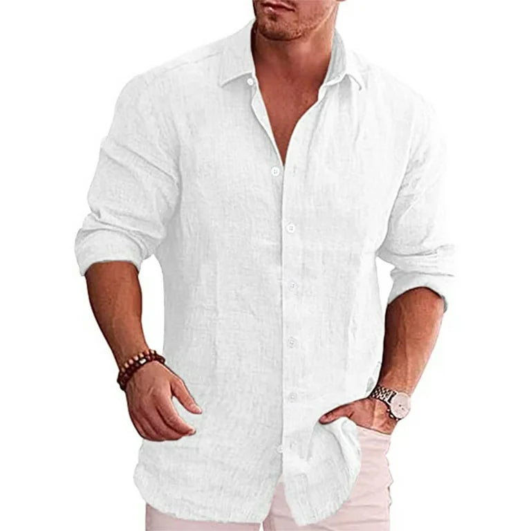 Camisa de manga larga de lino de algodón para hombre Estilo casual de color sólido - Automaticprime