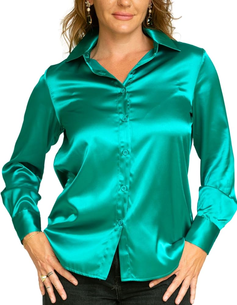 Camisas y blusas elegantes con acabado satinado y botones de manga larga para mujer - Automaticprime